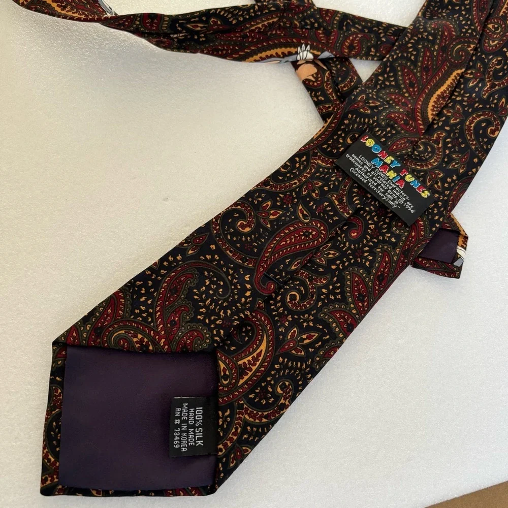 VTG 1994 Looney Tunes Silk Tie Bugs Bunny Marvin Taz Paisley Brown